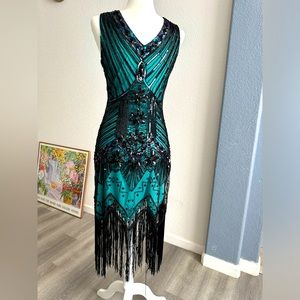 Unique Vintage Teal and Black Beaded Fringe Midi Dress
